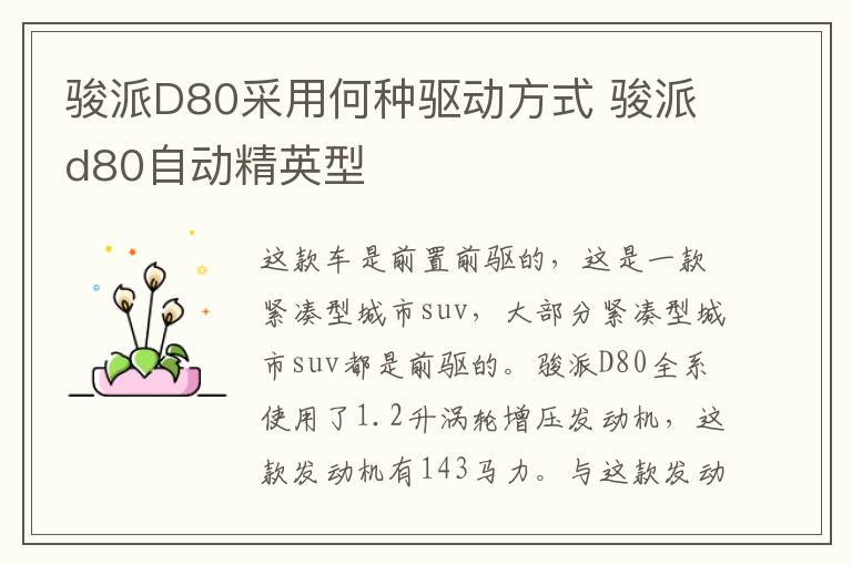 骏派D80采用何种驱动方式 骏派d80自动精英型