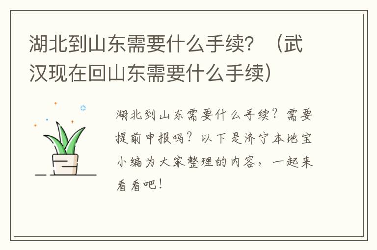 湖北到山东需要什么手续？（武汉现在回山东需要什么手续）