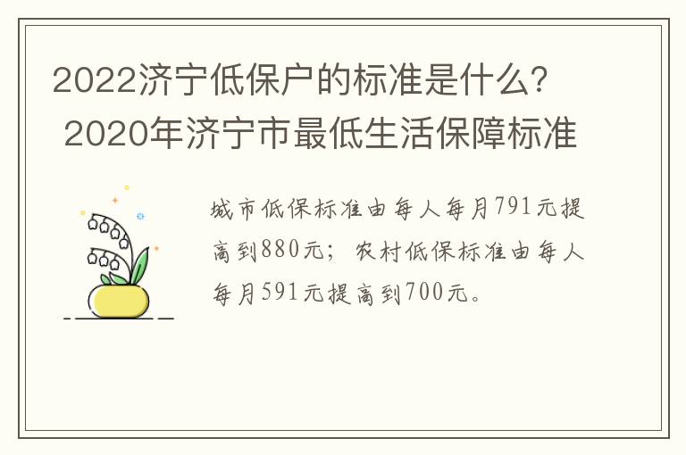 2022济宁低保户的标准是什么？ 2020年济宁市最低生活保障标准