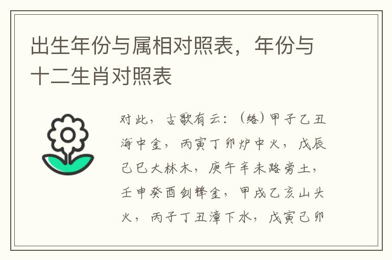 出生年份与属相对照表，年份与十二生肖对照表