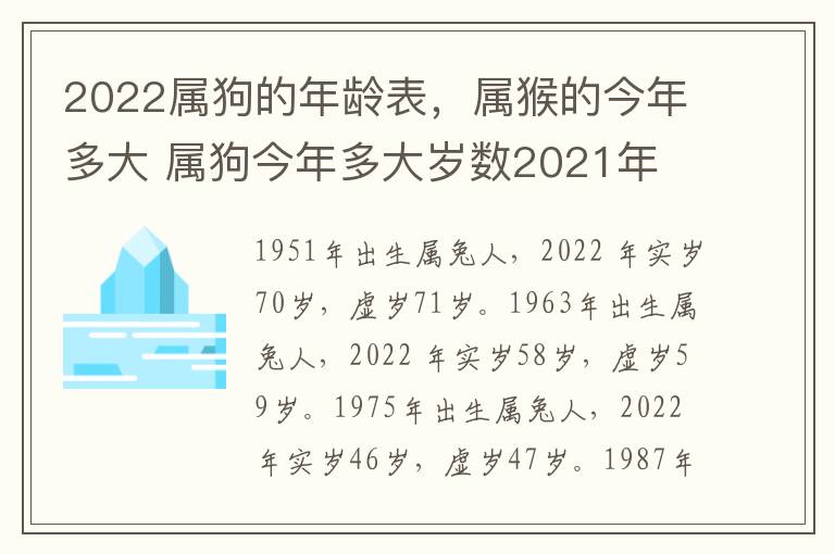 2022属狗的年龄表，属猴的今年多大 属狗今年多大岁数2021年