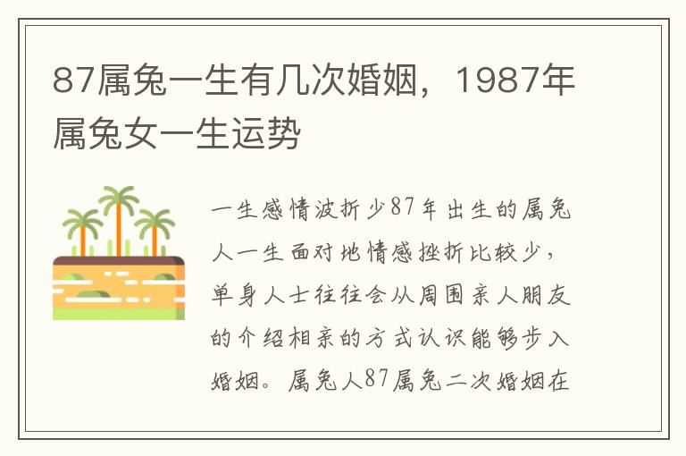 87属兔一生有几次婚姻，1987年属兔女一生运势