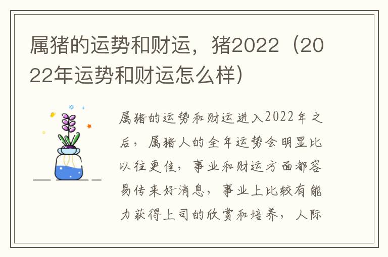 属猪的运势和财运，猪2022（2022年运势和财运怎么样）