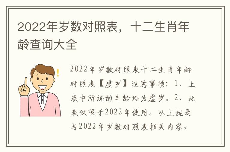 2022年岁数对照表，十二生肖年龄查询大全