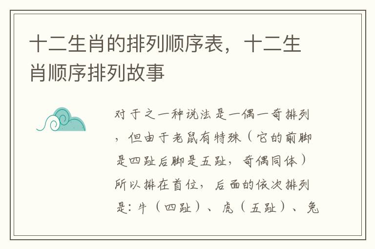 十二生肖的排列顺序表，十二生肖顺序排列故事