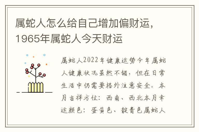 属蛇人怎么给自己增加偏财运，1965年属蛇人今天财运