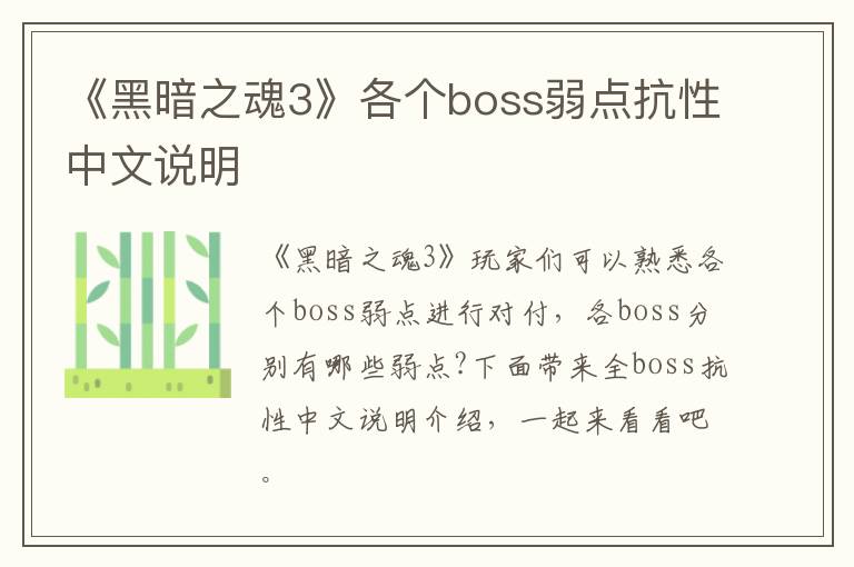 《黑暗之魂3》各个boss弱点抗性中文说明