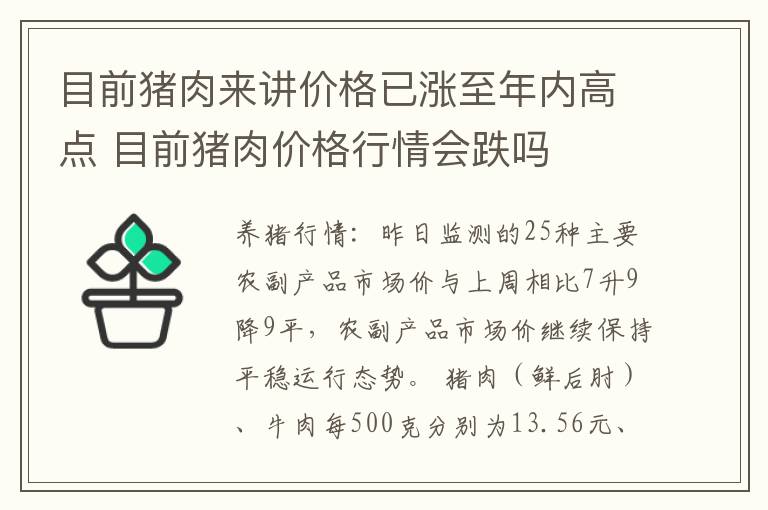 目前猪肉来讲价格已涨至年内高点 目前猪肉价格行情会跌吗