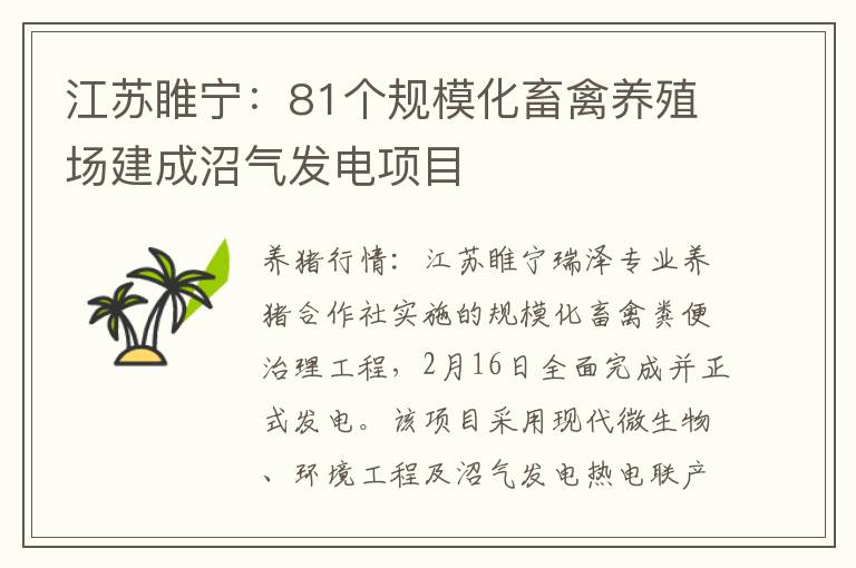 江苏睢宁：81个规模化畜禽养殖场建成沼气发电项目