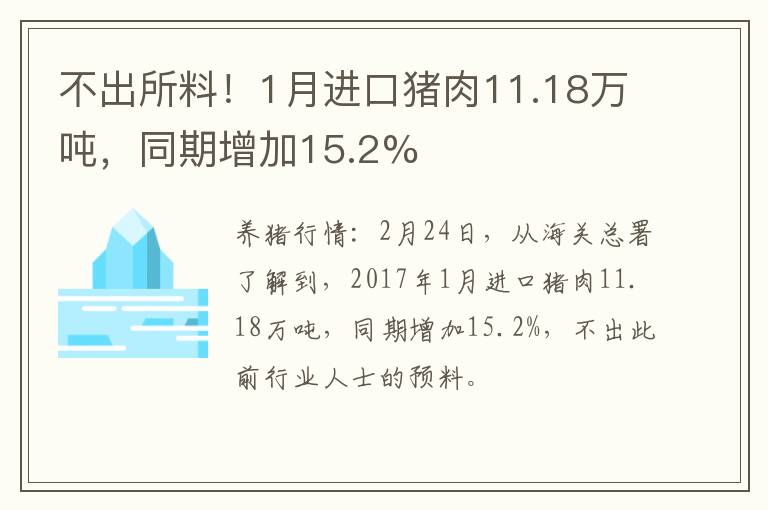 不出所料！1月进口猪肉11.18万吨，同期增加15.2%