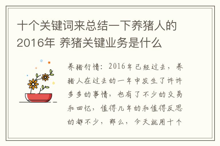 十个关键词来总结一下养猪人的2016年 养猪关键业务是什么