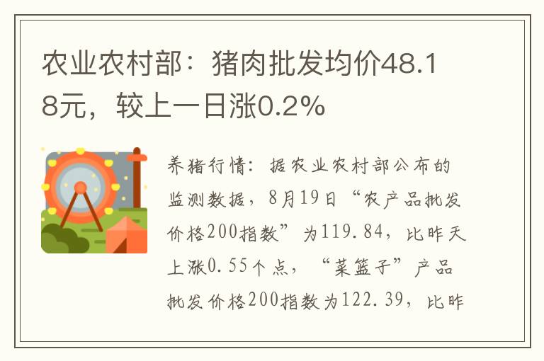 农业农村部：猪肉批发均价48.18元，较上一日涨0.2%