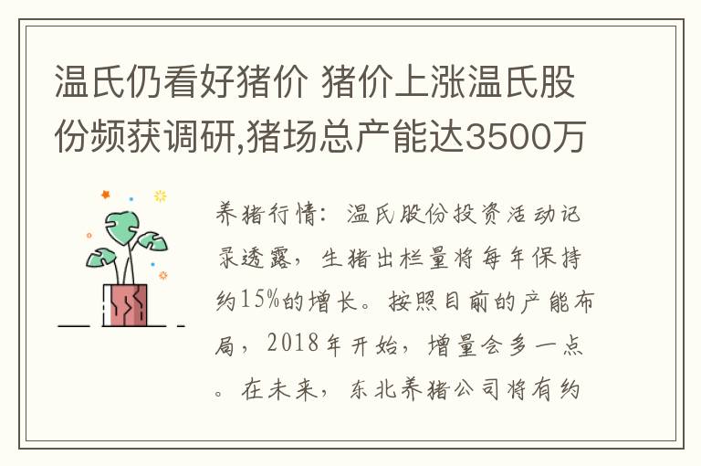 温氏仍看好猪价 猪价上涨温氏股份频获调研,猪场总产能达3500万头