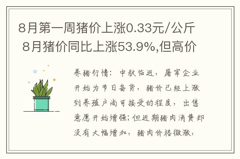 8月第一周猪价上涨0.33元/公斤 8月猪价同比上涨53.9%,但高价不会持续太久