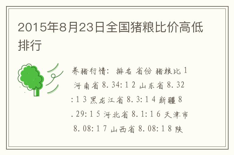 2015年8月23日全国猪粮比价高低排行