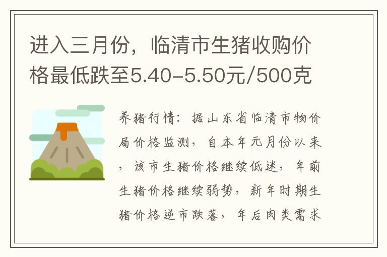 进入三月份，临清市生猪收购价格最低跌至5.40-5.50元/500克