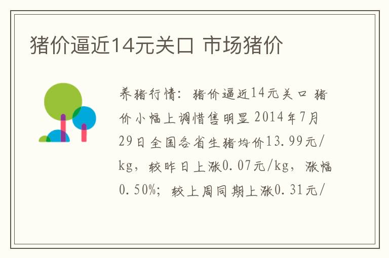 猪价逼近14元关口 市场猪价