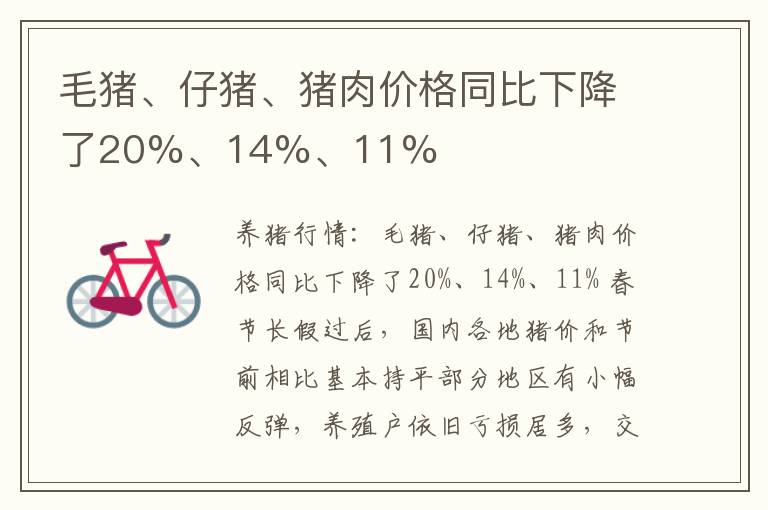 毛猪、仔猪、猪肉价格同比下降了20%、14%、11%