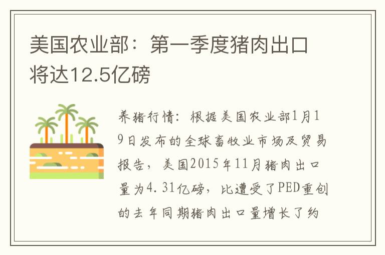 美国农业部：第一季度猪肉出口将达12.5亿磅