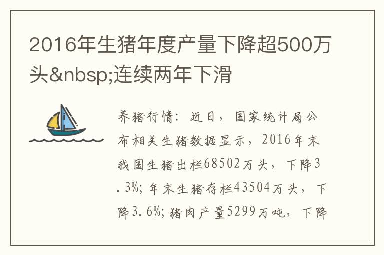 2016年生猪年度产量下降超500万头 连续两年下滑