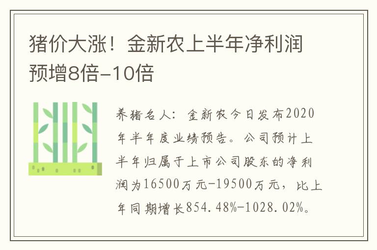 猪价大涨！金新农上半年净利润预增8倍-10倍