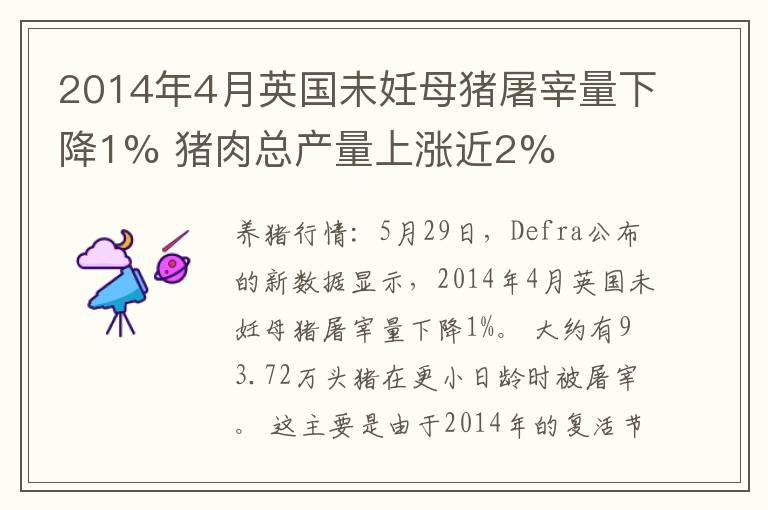 2014年4月英国未妊母猪屠宰量下降1% 猪肉总产量上涨近2%