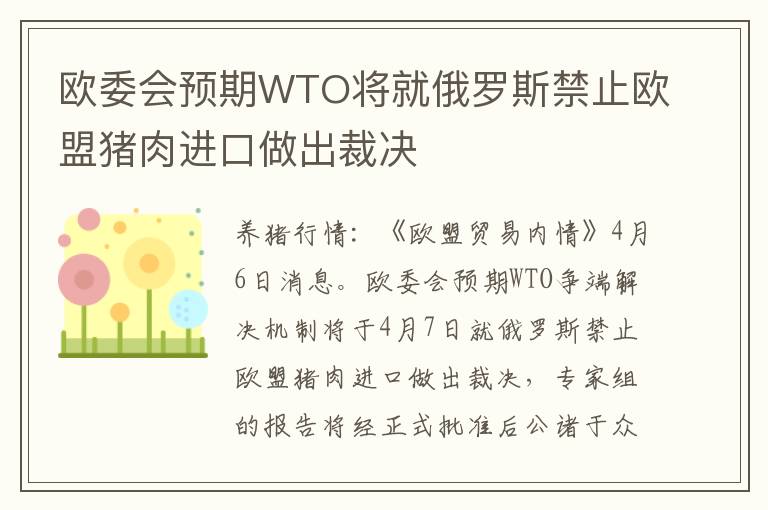 欧委会预期WTO将就俄罗斯禁止欧盟猪肉进口做出裁决