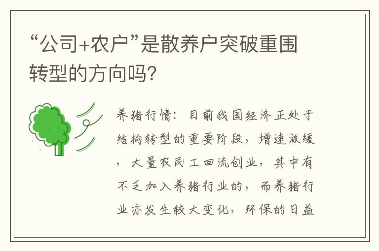 “公司+农户”是散养户突破重围转型的方向吗？