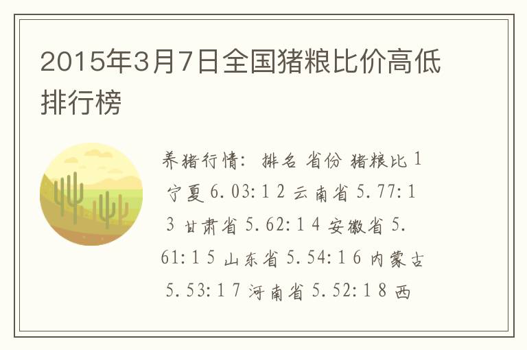 2015年3月7日全国猪粮比价高低排行榜