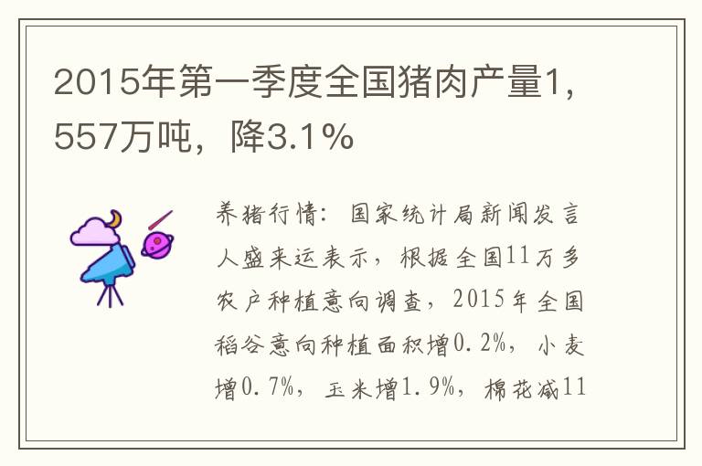 2015年第一季度全国猪肉产量1,557万吨，降3.1%