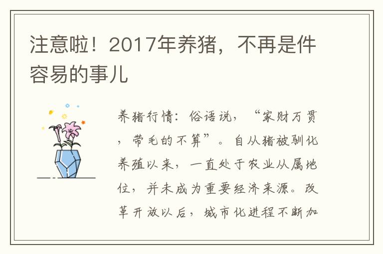 注意啦！2017年养猪，不再是件容易的事儿