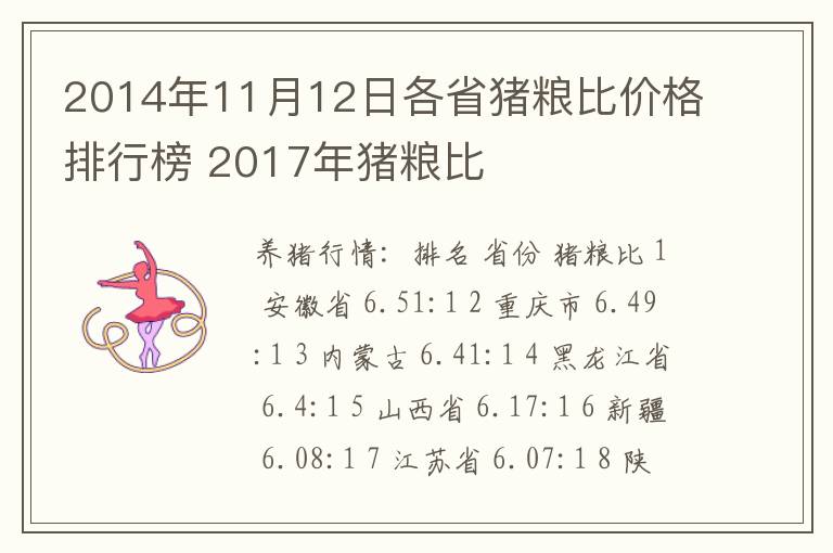 2014年11月12日各省猪粮比价格排行榜 2017年猪粮比