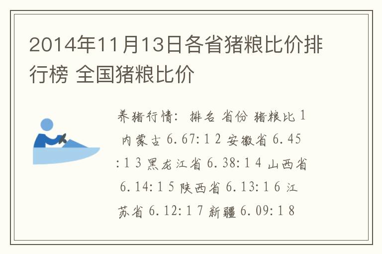 2014年11月13日各省猪粮比价排行榜 全国猪粮比价