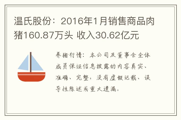 温氏股份：2016年1月销售商品肉猪160.87万头 收入30.62亿元