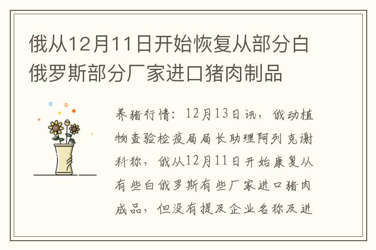 俄从12月11日开始恢复从部分白俄罗斯部分厂家进口猪肉制品