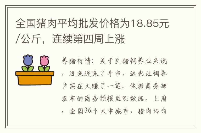 全国猪肉平均批发价格为18.85元/公斤，连续第四周上涨