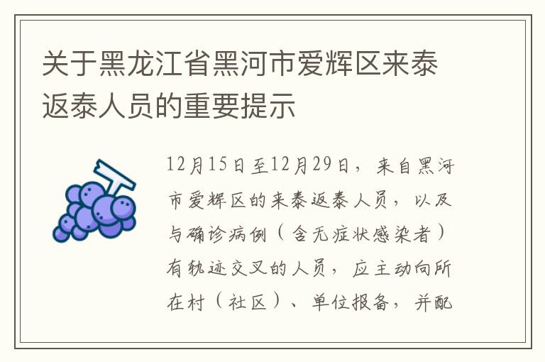 关于黑龙江省黑河市爱辉区来泰返泰人员的重要提示